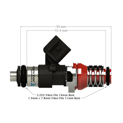 ID1300-XDS Injectors Set of 4, 48mm Length, 11mm Red Adaptor Top, WRX-16B Lower Adaptor - Subaru WRX/STI/Forester/Liberty 2001+