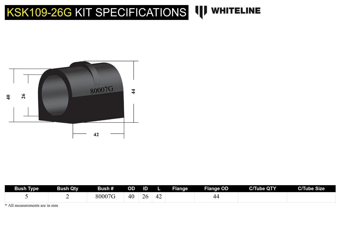 Front Sway Bar Mount - Bushing Kit 26mm to Suit Whiteline Sway Bars Subaru Forester 12-18/WRX 14-21