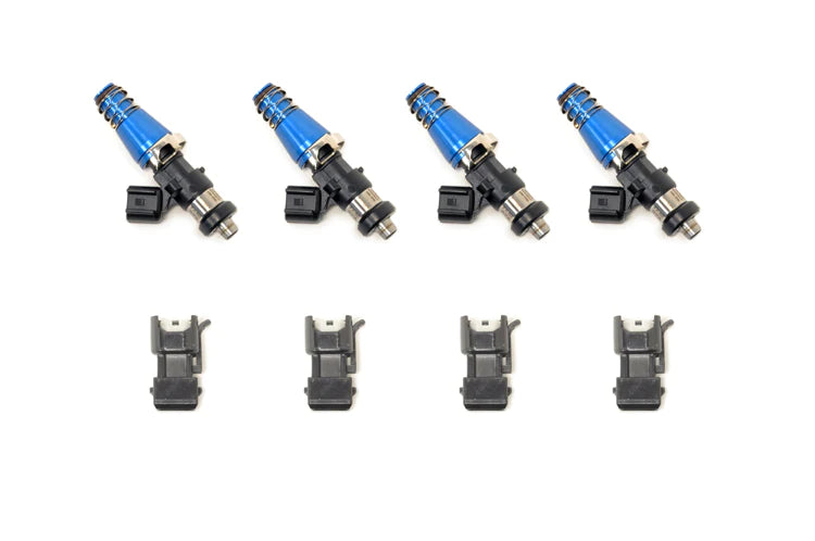 ID1300-XDS Injectors Set of 4, 60mm Length, 11mm Blue Adaptor Top, Denso Lower Cushion - Mitsubishi Evo 4-9/Toyota 4AGE/Celica 1ZZ-FE